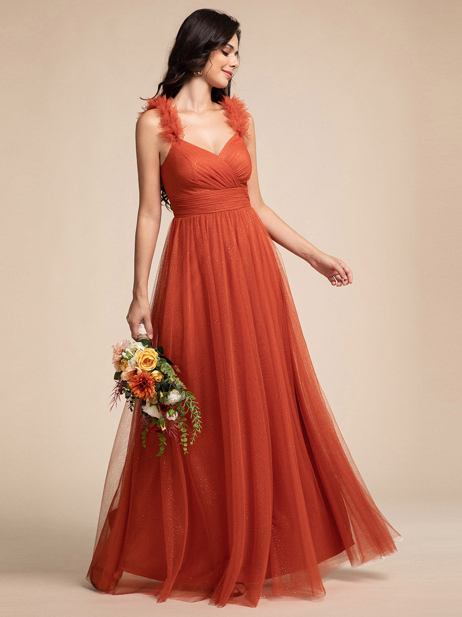 Color=Burnt Orange | Romantic Deep V Neck Flying sleeve Tulle Bridesmaid Dresses with Gold Stamping Pleated decoration  -Burnt Orange 3