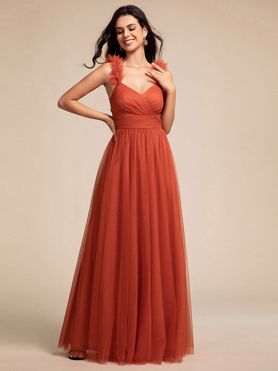 Color=Burnt Orange | Romantic Deep V Neck Flying sleeve Tulle Bridesmaid Dresses with Gold Stamping Pleated decoration  -Burnt Orange 4