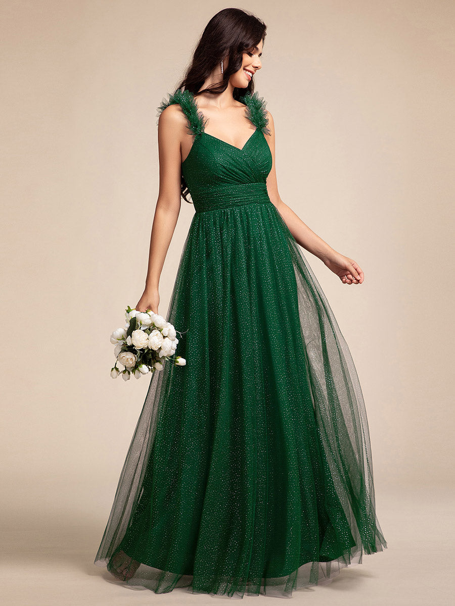 Color=Dark Green | Romantic Deep V Neck Flying sleeve Tulle Bridesmaid Dresses with Gold Stamping Pleated decoration  -Dark Green 8