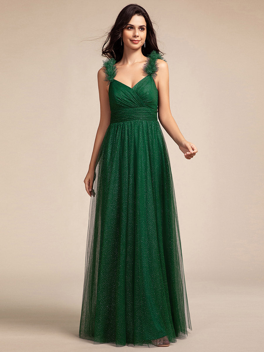 Color=Dark Green | Romantic Deep V Neck Flying sleeve Tulle Bridesmaid Dresses with Gold Stamping Pleated decoration  -Dark Green 9