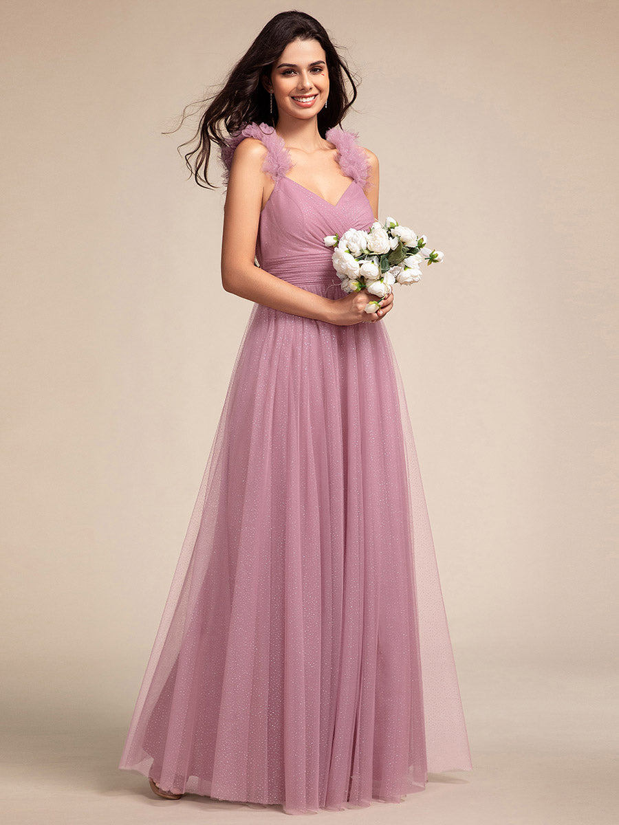 Color=Orchid | Romantic Deep V Neck Flying sleeve Tulle Bridesmaid Dresses with Gold Stamping Pleated decoration  -Orchid 13