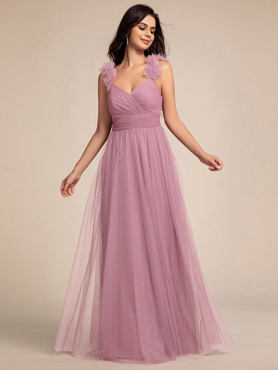 Color=Orchid | Romantic Deep V Neck Flying sleeve Tulle Bridesmaid Dresses with Gold Stamping Pleated decoration  -Orchid 14