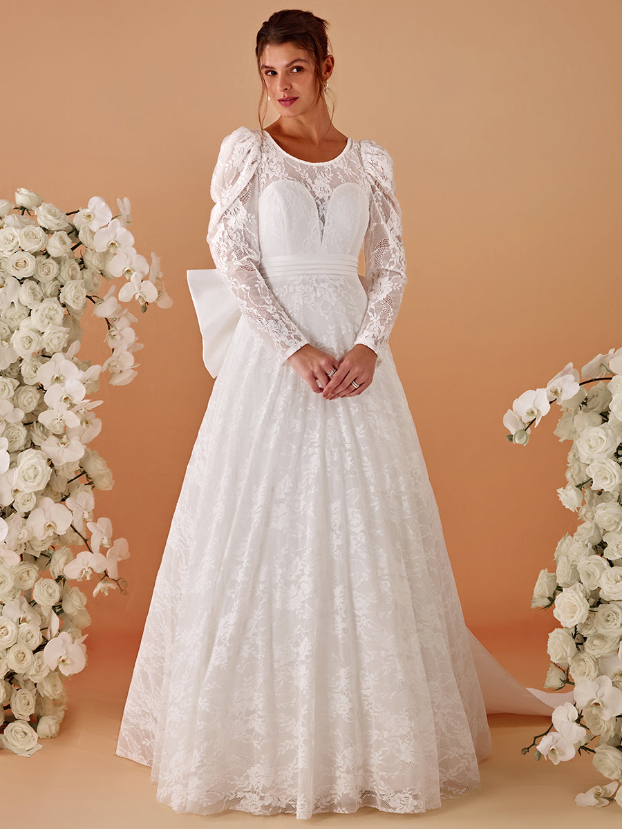 Color=White | Exquisite Round Neck Leg-Of-Mutton Lace Wedding Dresses-White 1