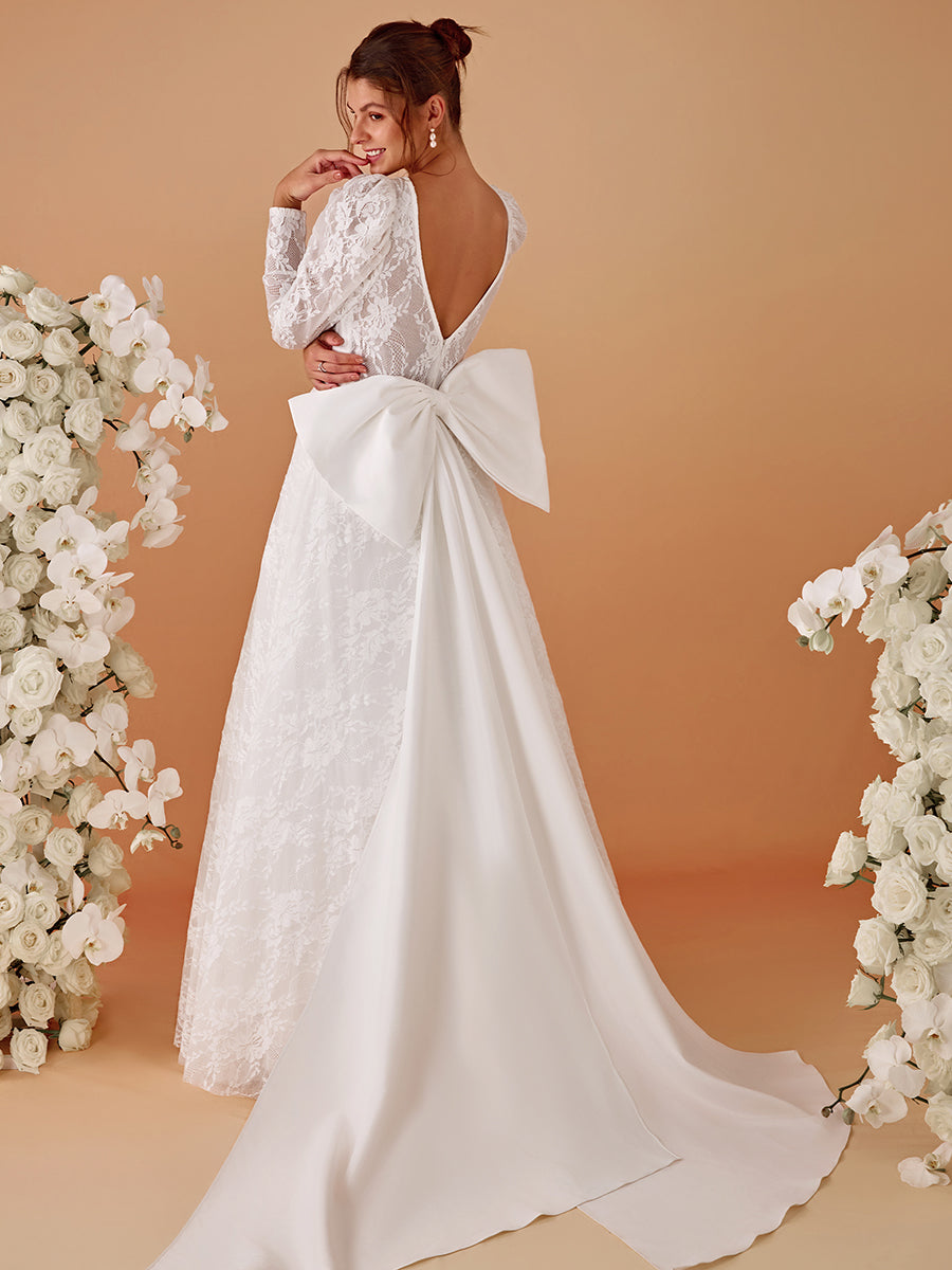 Color=White | Exquisite Round Neck Leg-Of-Mutton Lace Wedding Dresses-White 2