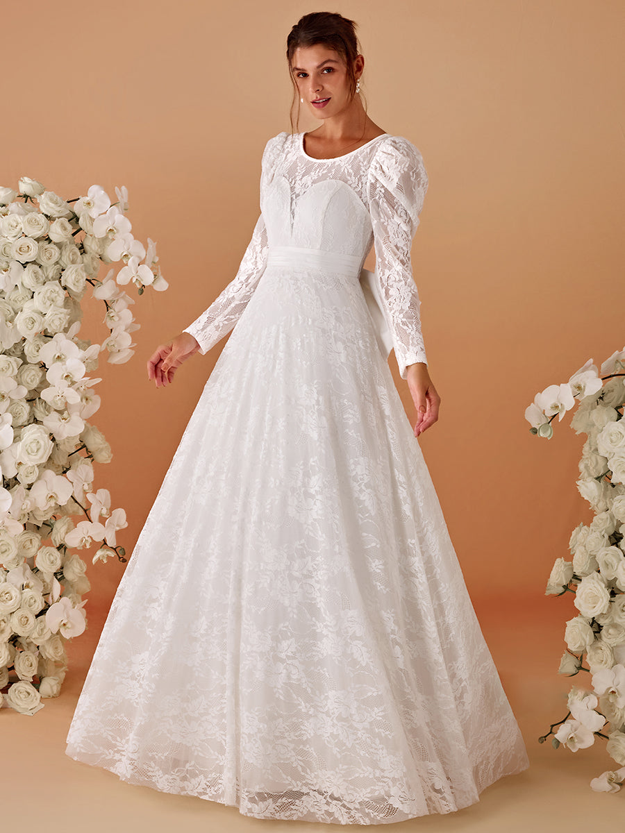 Color=White | Exquisite Round Neck Leg-Of-Mutton Lace Wedding Dresses-White 3