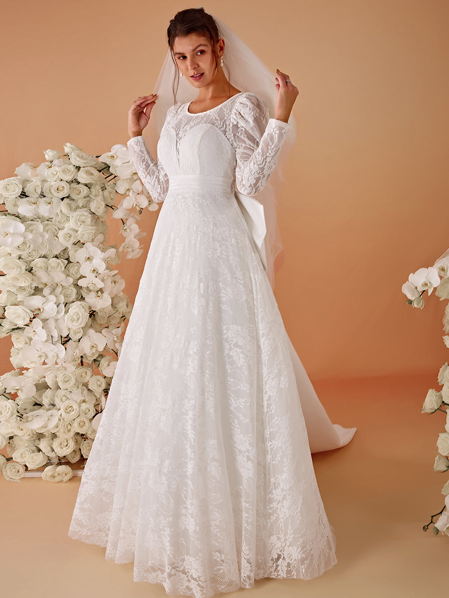 Color=White | Exquisite Round Neck Leg-Of-Mutton Lace Wedding Dresses-White 4