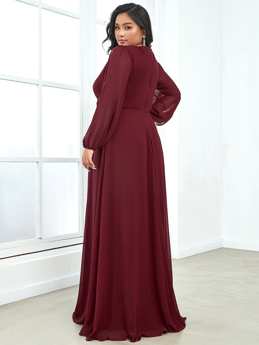 Evening Dress Appliqued Plus Size Chiffon Maxi with Long Lantern Sleeves