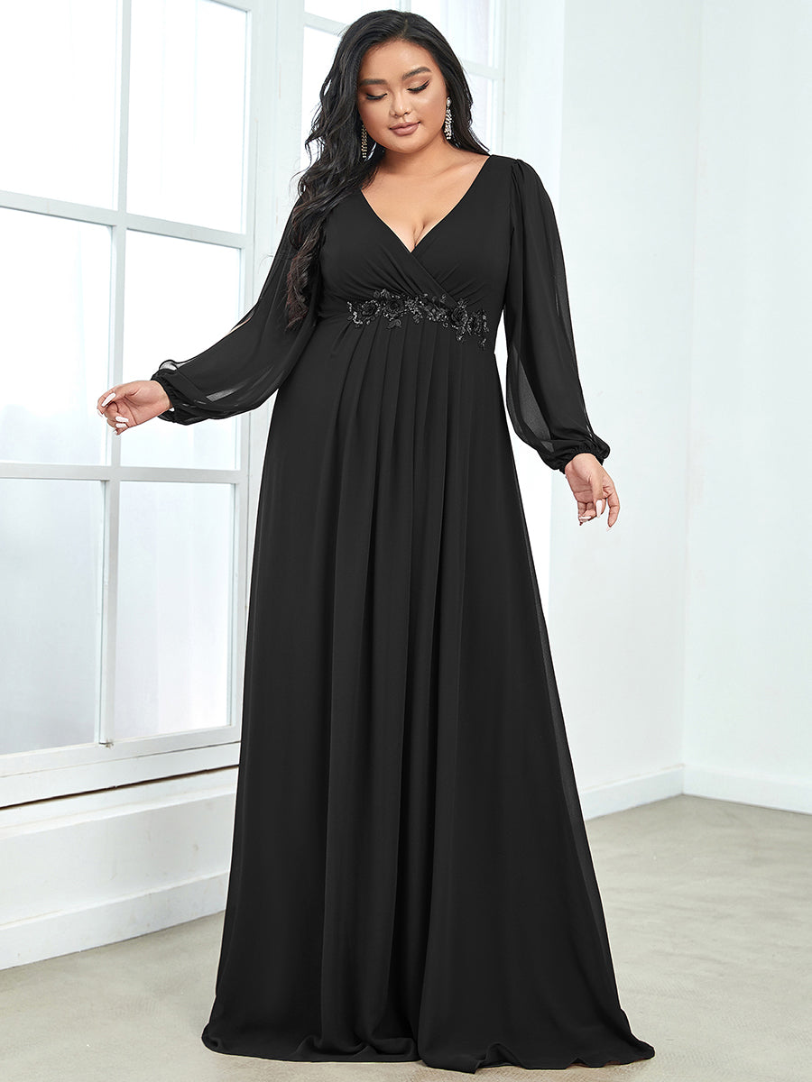 Evening Dress Appliqued Plus Size Chiffon Maxi with Long Lantern Sleeves