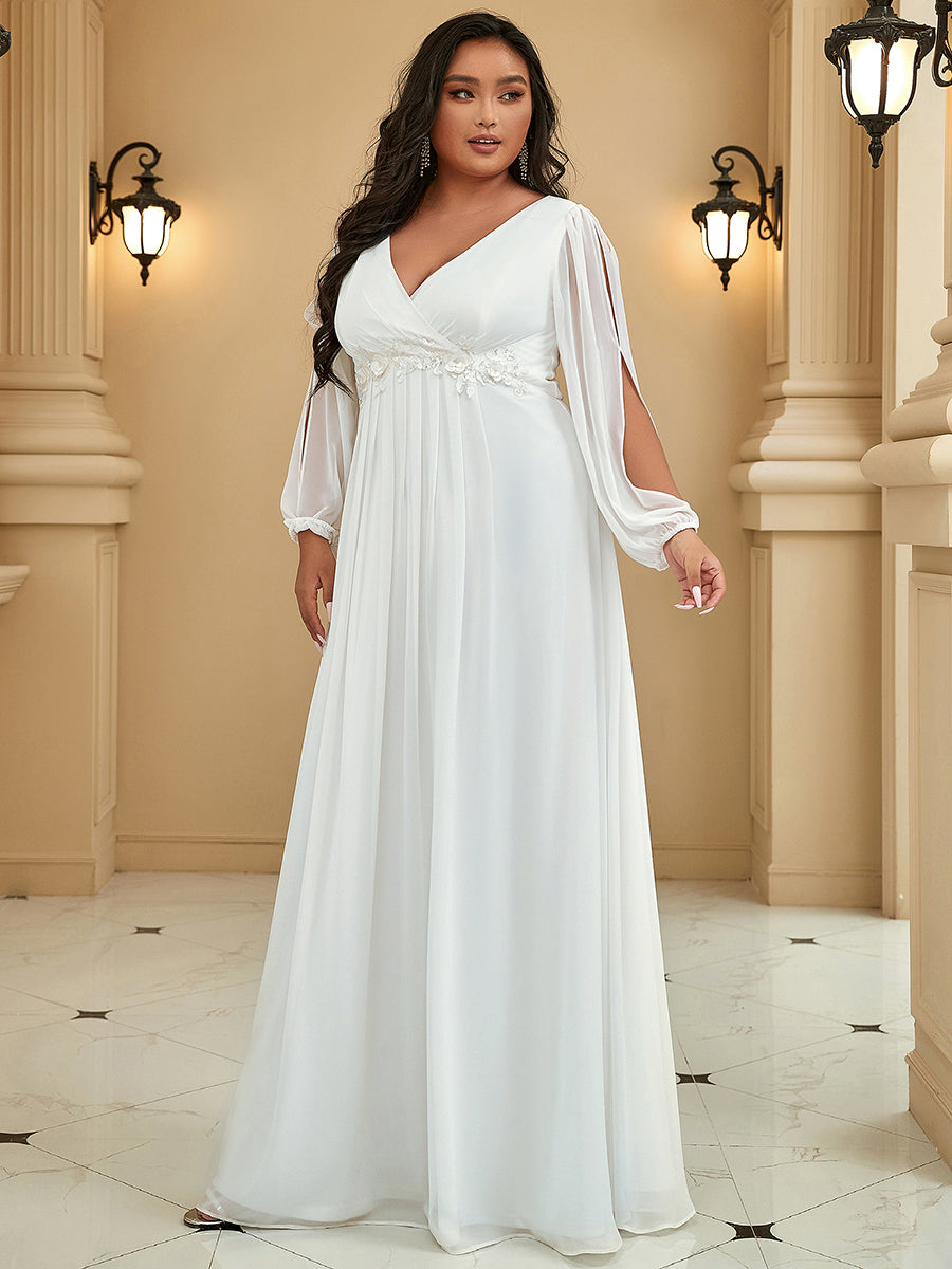 Evening Dress Appliqued Plus Size Chiffon Maxi with Long Lantern Sleeves