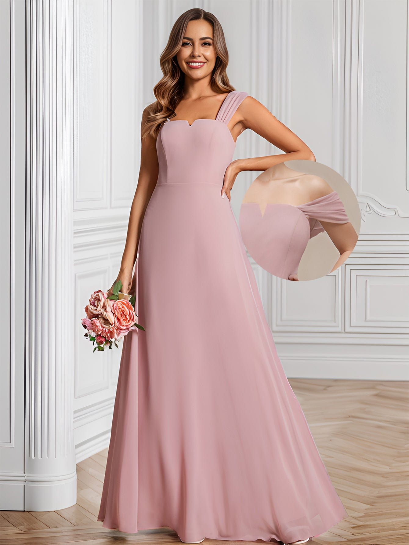 Chiffon Square Neck Wholesale Bridesmaid Dress With Sleeveless_Dusty Rose