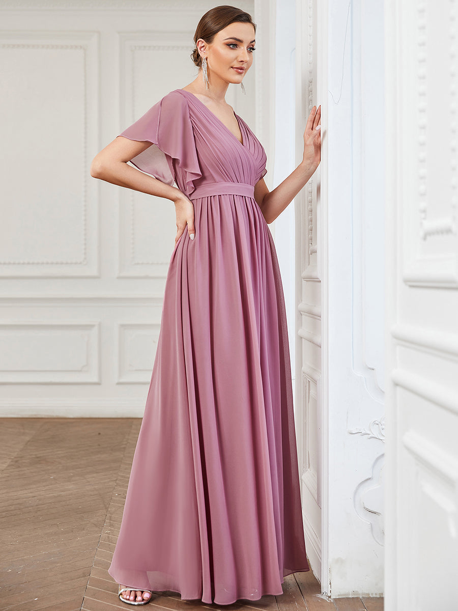 Deep V Neck Ruffles Sleeves A Line Wholesale Bridesmaid Dresses