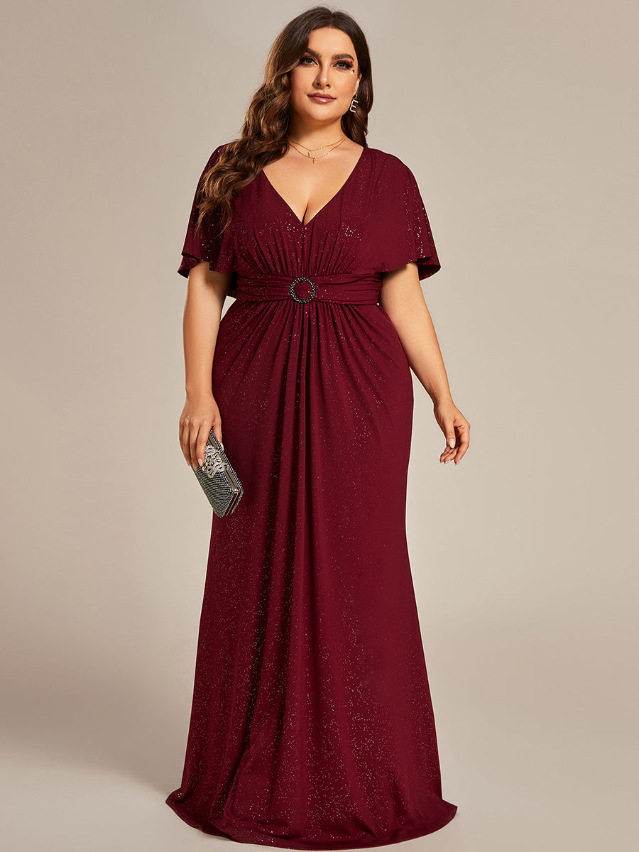 Color=Burgundy | Sparkly Deep V Neck Pleated Wholesale Evening Dresses With Belt-Burgundy 4