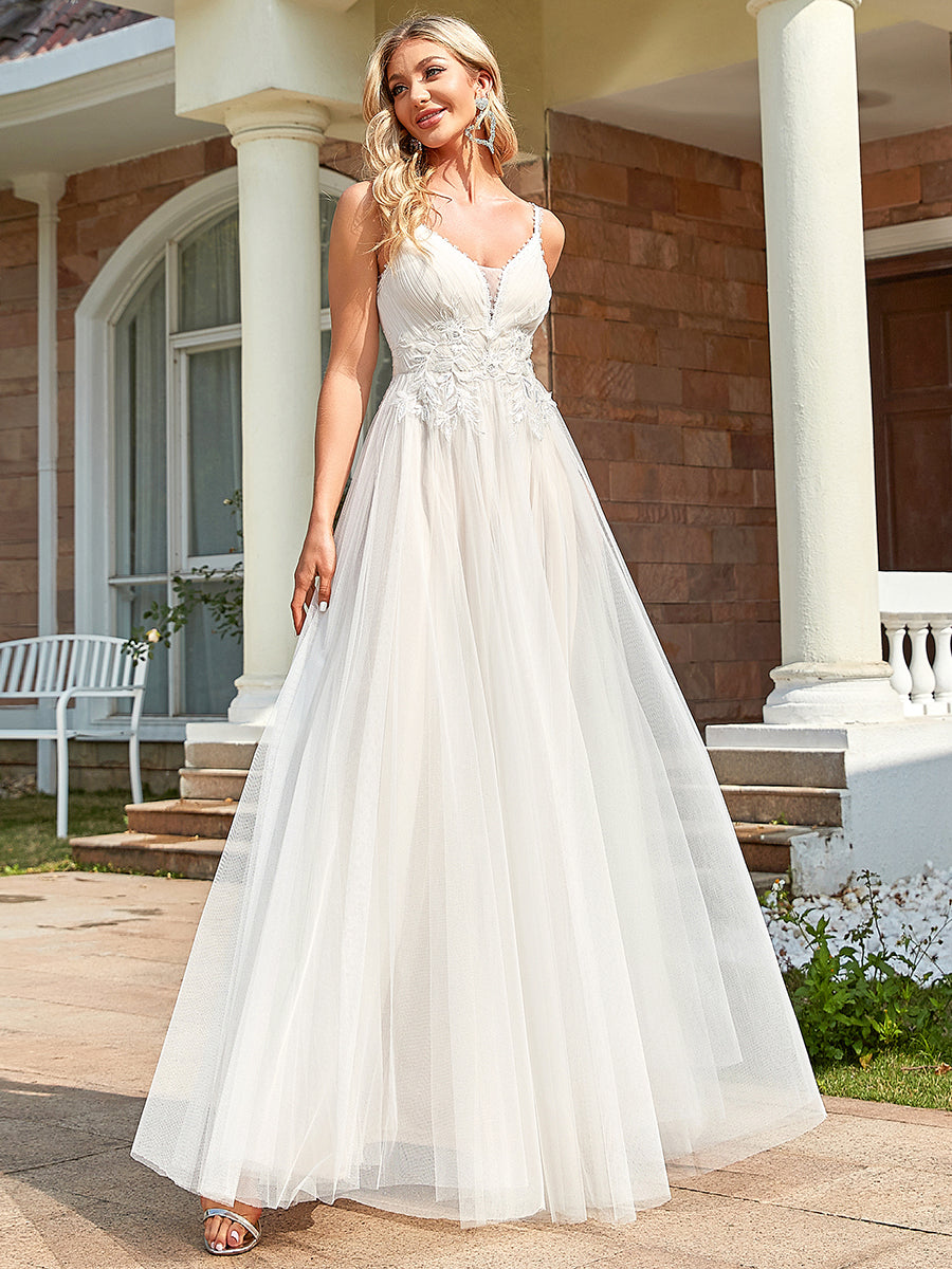 Pretty Deep V Neck A Line Spaghetti Straps Wholesale Wedding Dresses