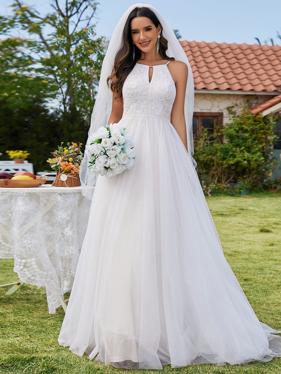 Elegant A-Line Floor Length Keyhole Neck Sleeveless Wholesale Wedding Dress