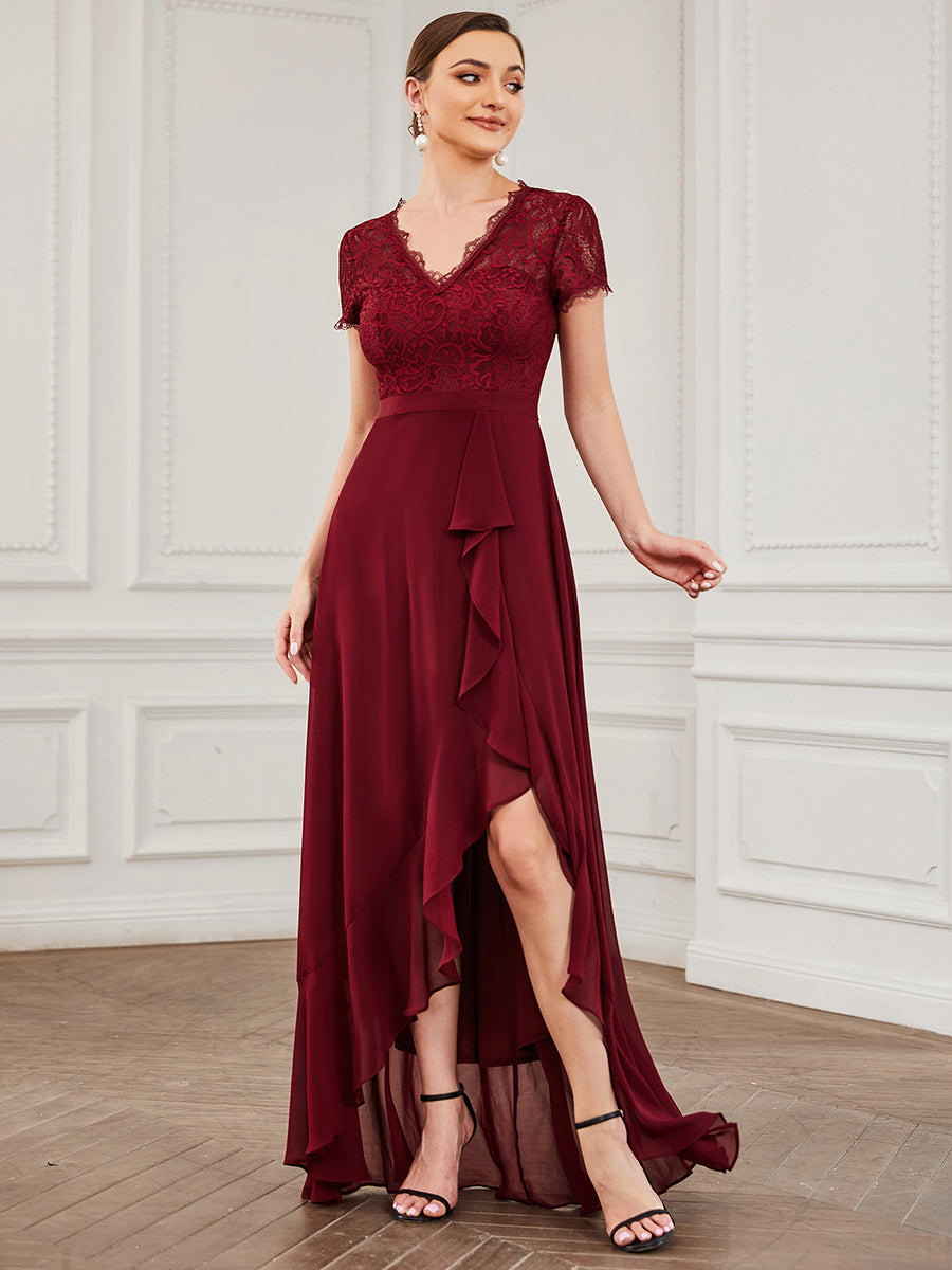 Scoop Burgundy Lace Short Bridesmaid Dress with 3/4 Sleeves & Black Leather popular Belt