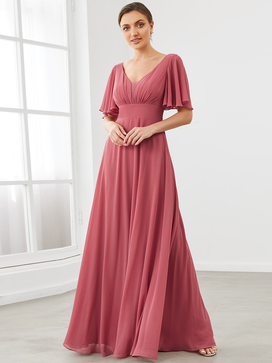 Deep V Neck Short Ruffles Sleeves Wholesale Bridesmaid Dresses