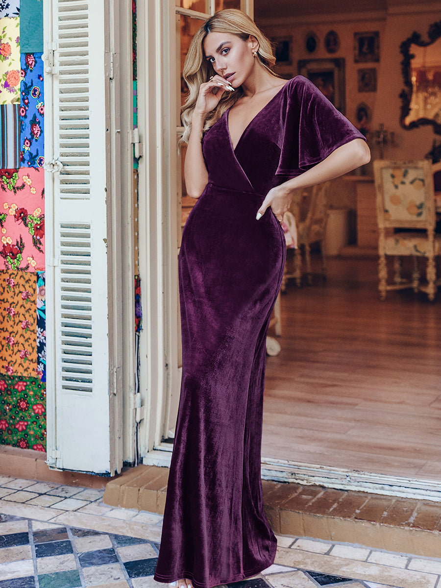 Women V Neck Elegant Velvet Dress for Evening Party,Dark violet