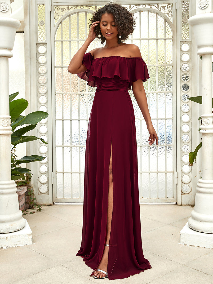 Red off the sale shoulder bridesmaid dress