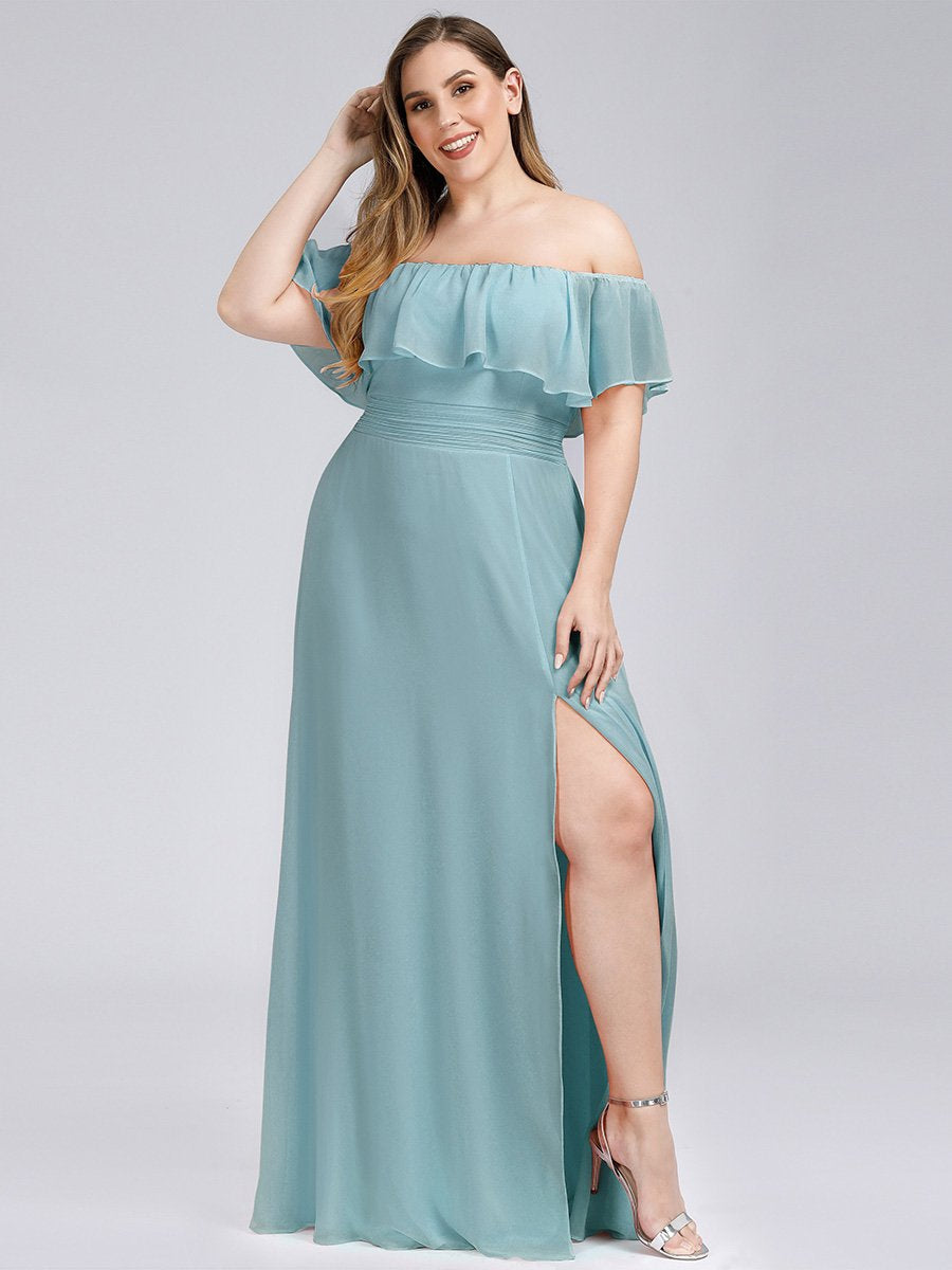 Dusty blue off shops the shoulder bridesmaid dress