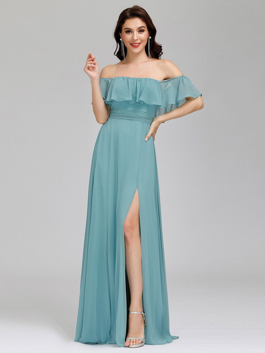 Ever deals Pretty Dusty Blue Off Shoulder Ruffle Side Split Bridesmaid Dress