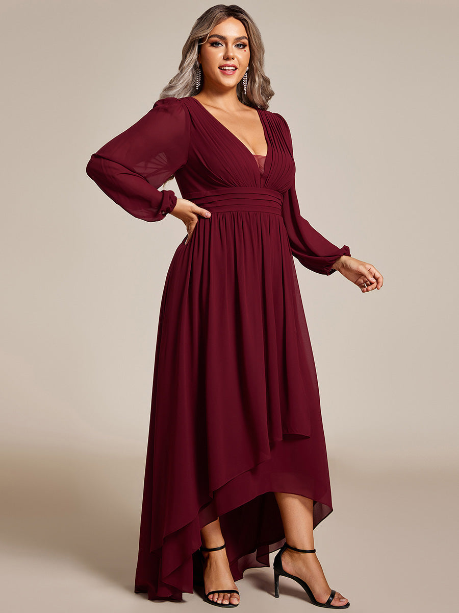 Color=Burgundy | Plus Maxi Long Chiffon Wholesale Evening Dresses With Long Sleeves-Burgundy 1