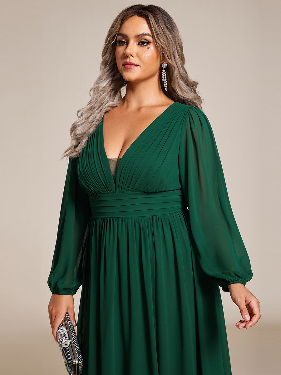 Color=Dark Green | Plus Maxi Long Chiffon Wholesale Evening Dresses With Long Sleeves-Dark Green 2