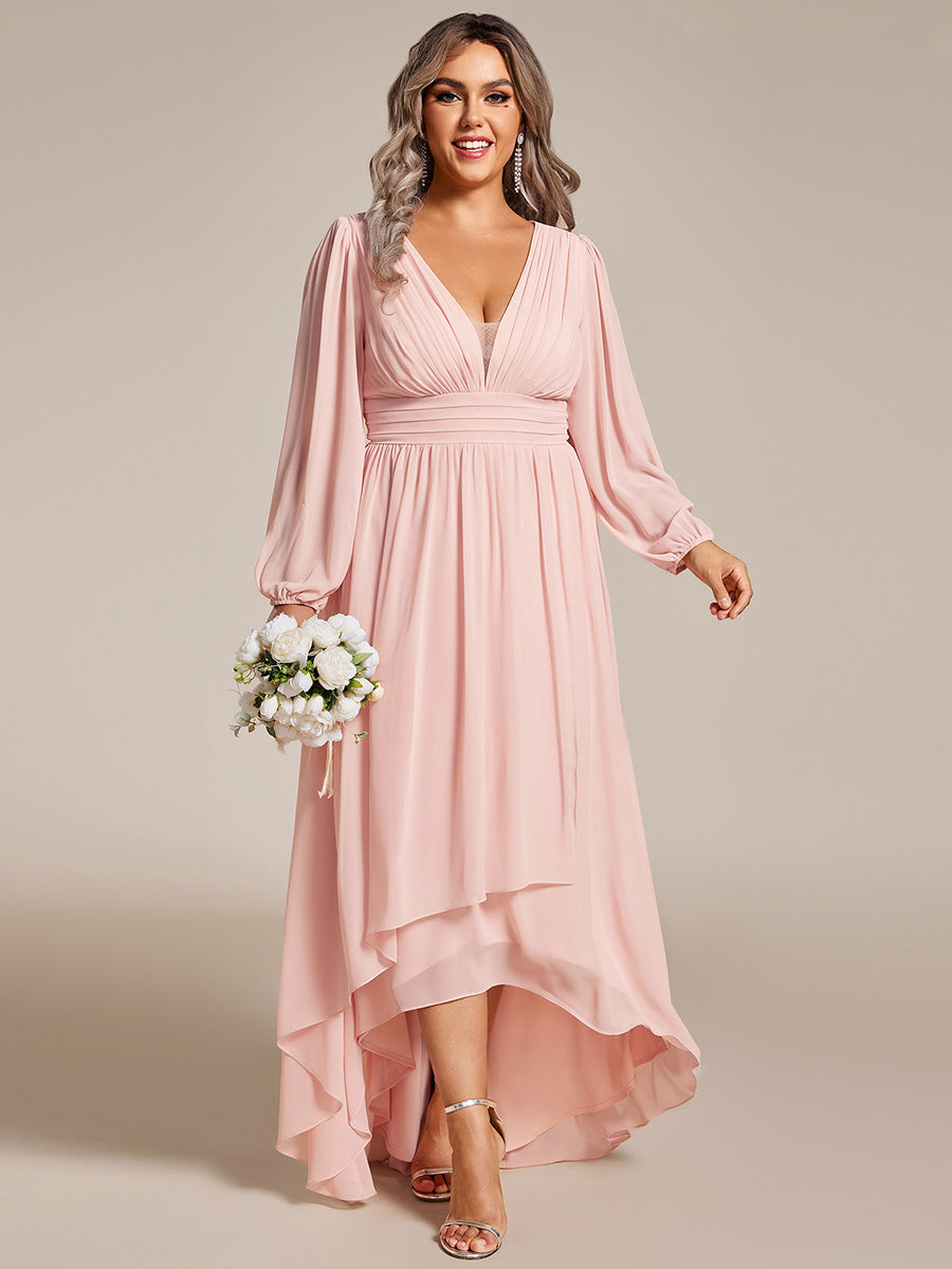 Color=Pink | Plus Maxi Long Chiffon Wholesale Evening Dresses With Long Sleeves-Pink 1