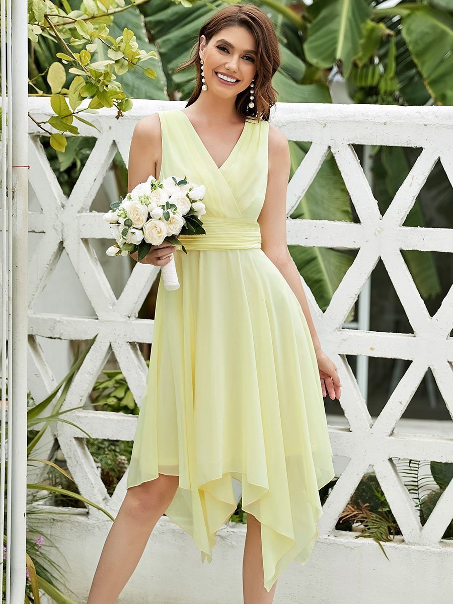 Yellow Chiffon Tea Length Dresses